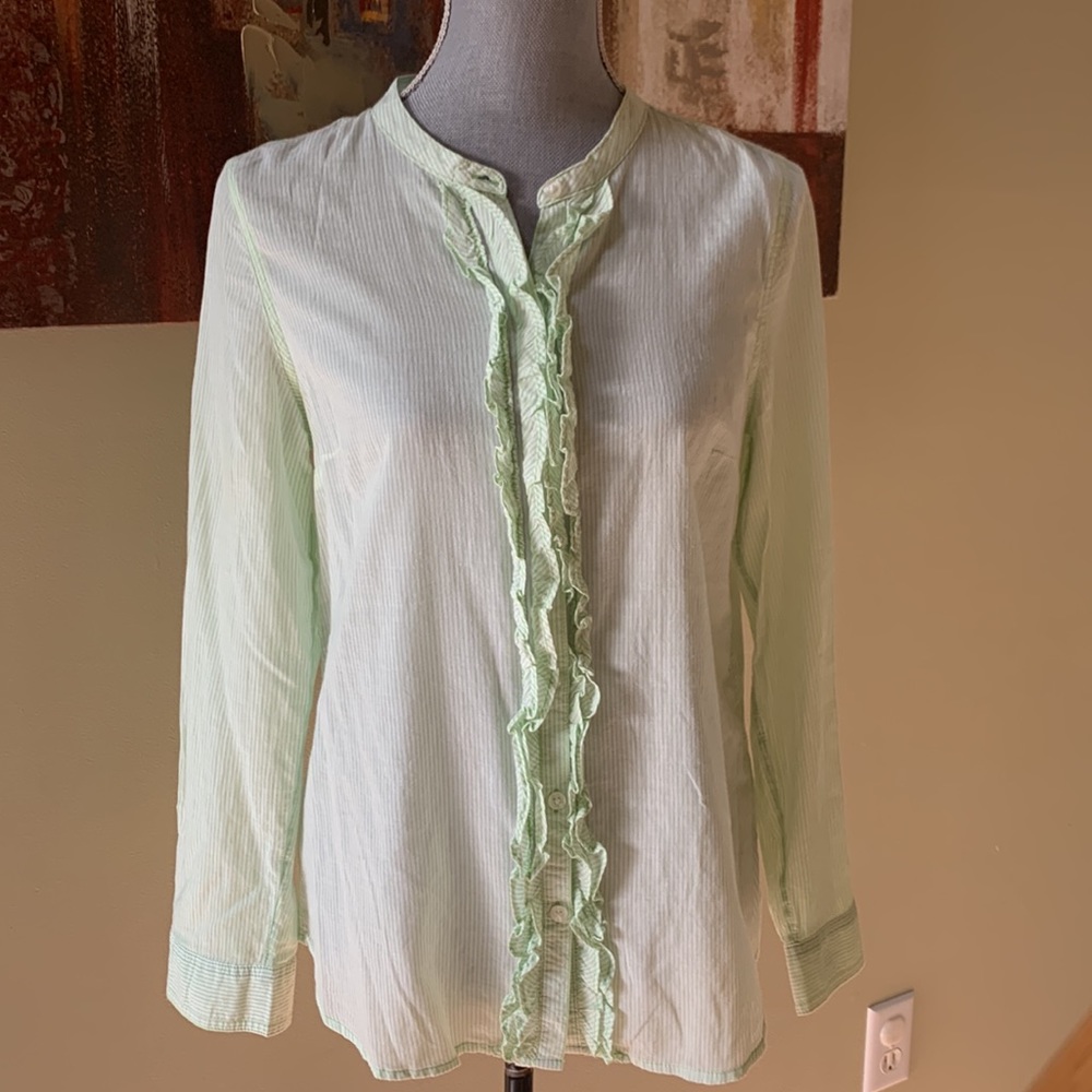 Light weight green and white striped 100% cotton blouse size medium, a bit sheer